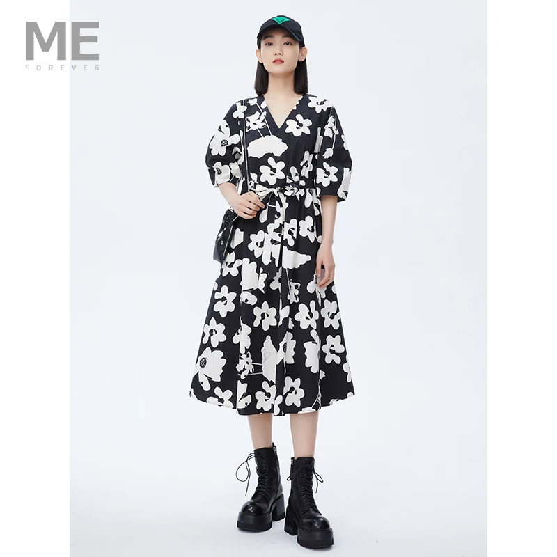 ME FOREVER/真我永恒“漫步花田”V领复古印花连衣裙气质中长裙