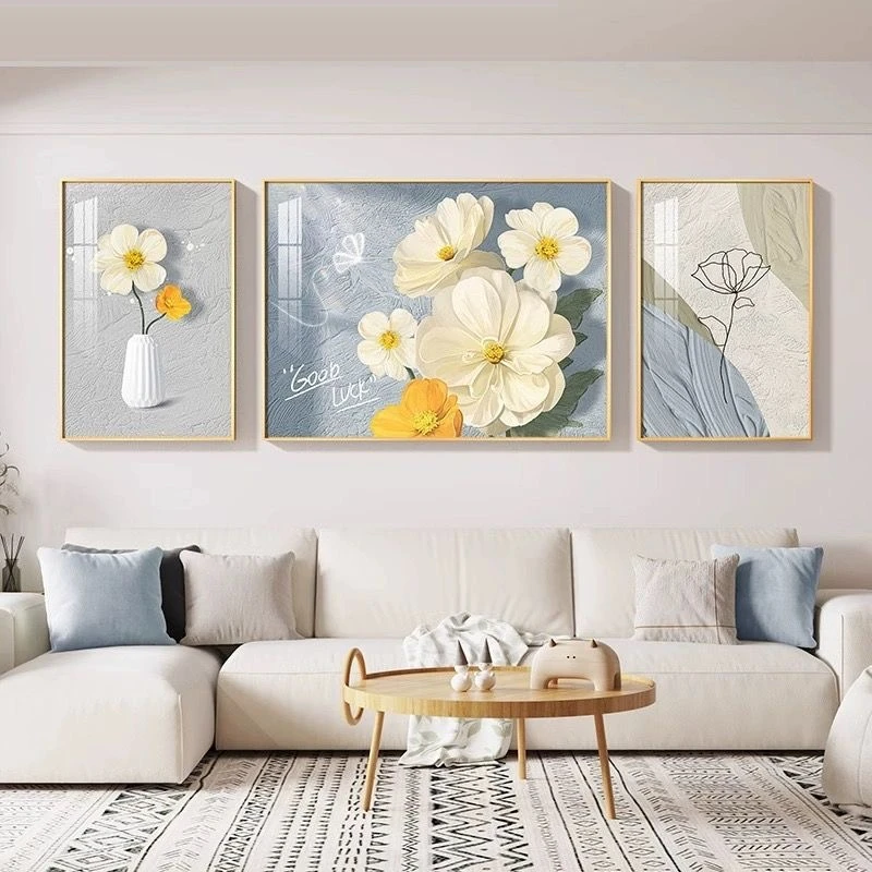 升级版-客厅三联画-【海棠花开】晶瓷镶钻画客厅沙发背景墙装饰画
