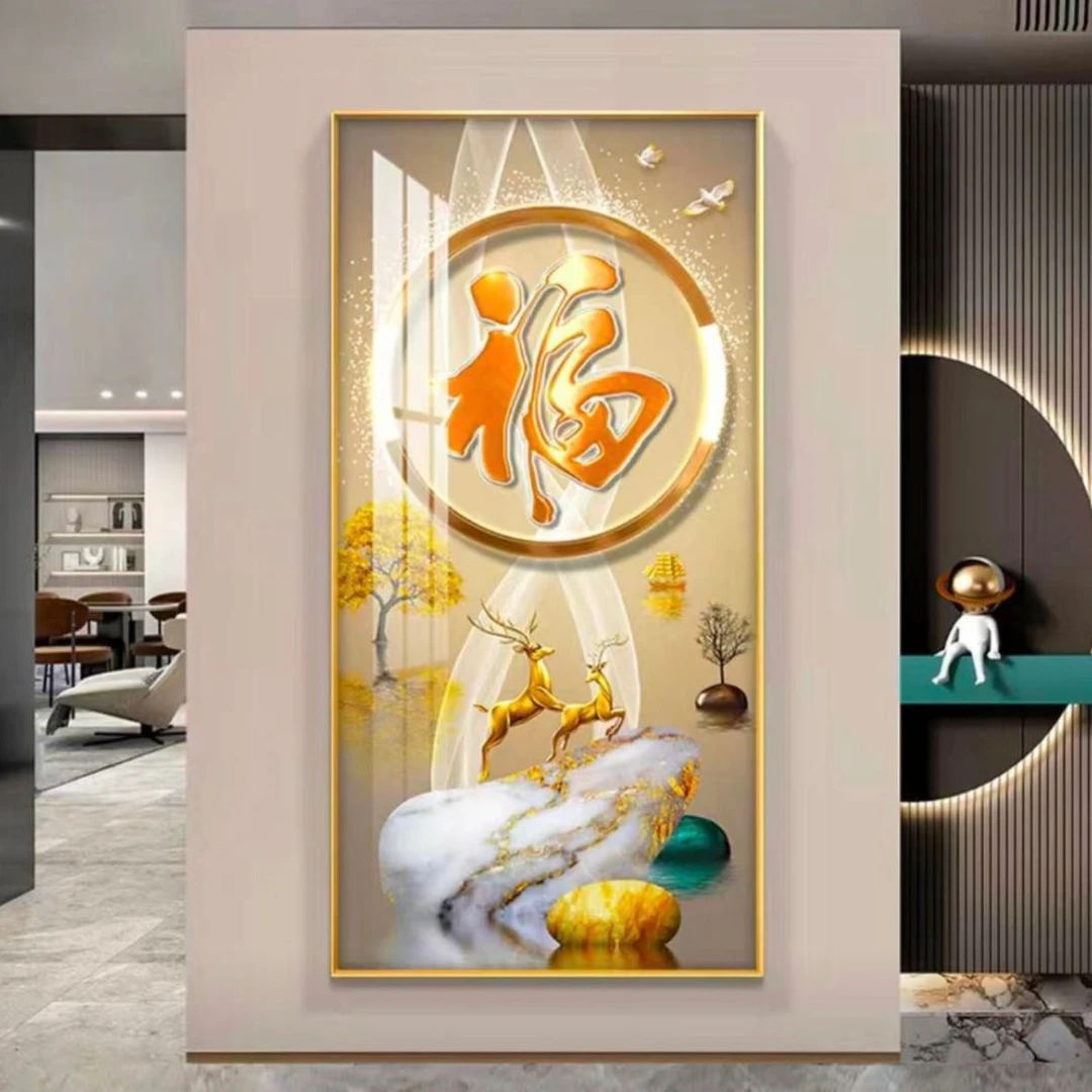 升级版-玄关画-【金鹿送福】轻奢晶瓷镶钻画玄关画走廊装饰画