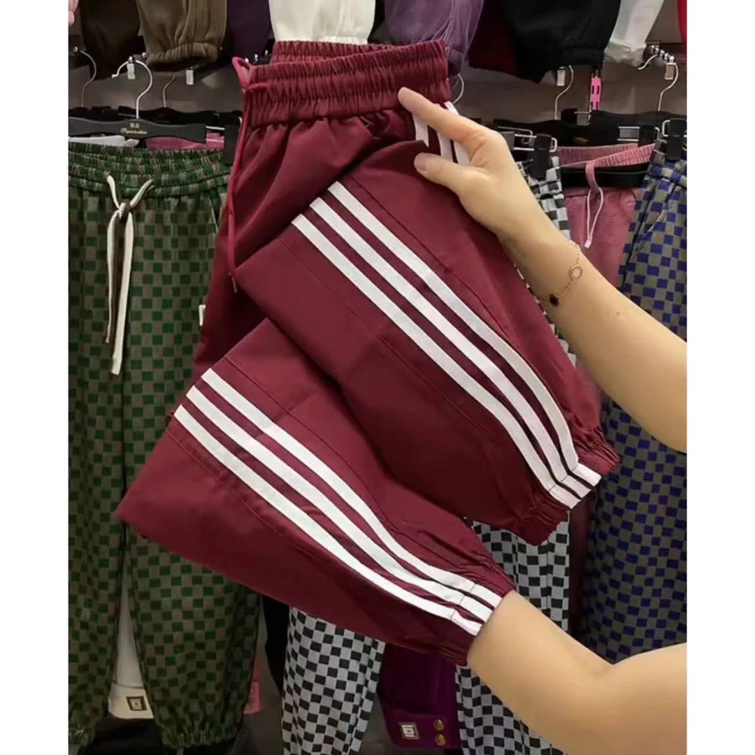 2024夏季薄款速干糖果色高腰抽绳休闲束脚裤女宽松九分运动哈伦裤