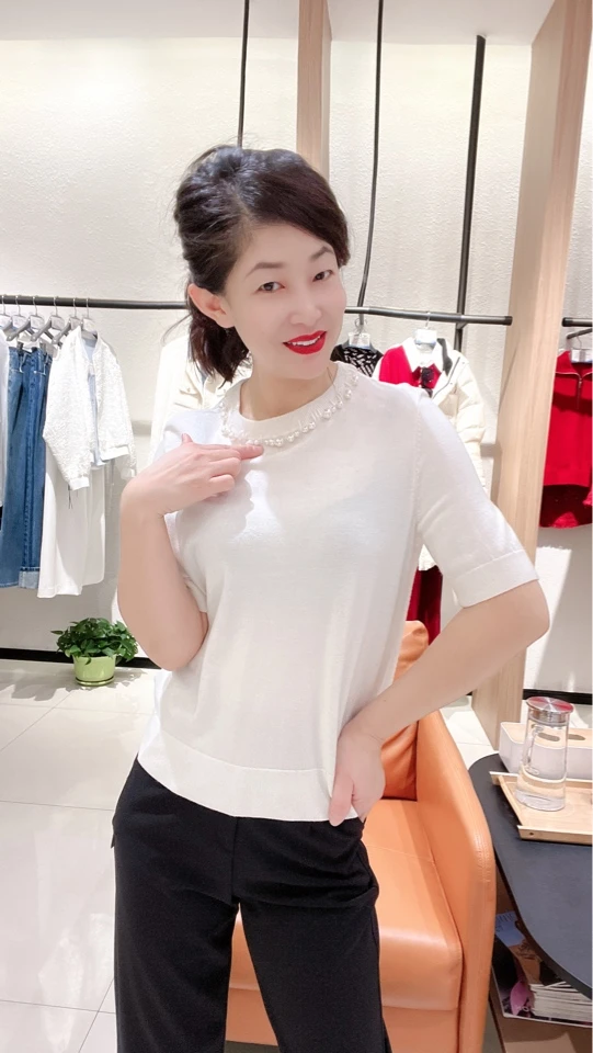 轻职风极简风毛针织衫女装休闲宽松套头钉珠上衣
