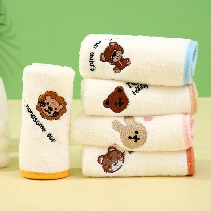 5条装 超软珊瑚绒毛巾可爱卡通刺绣洗脸小方巾儿童毛巾柔软吸水