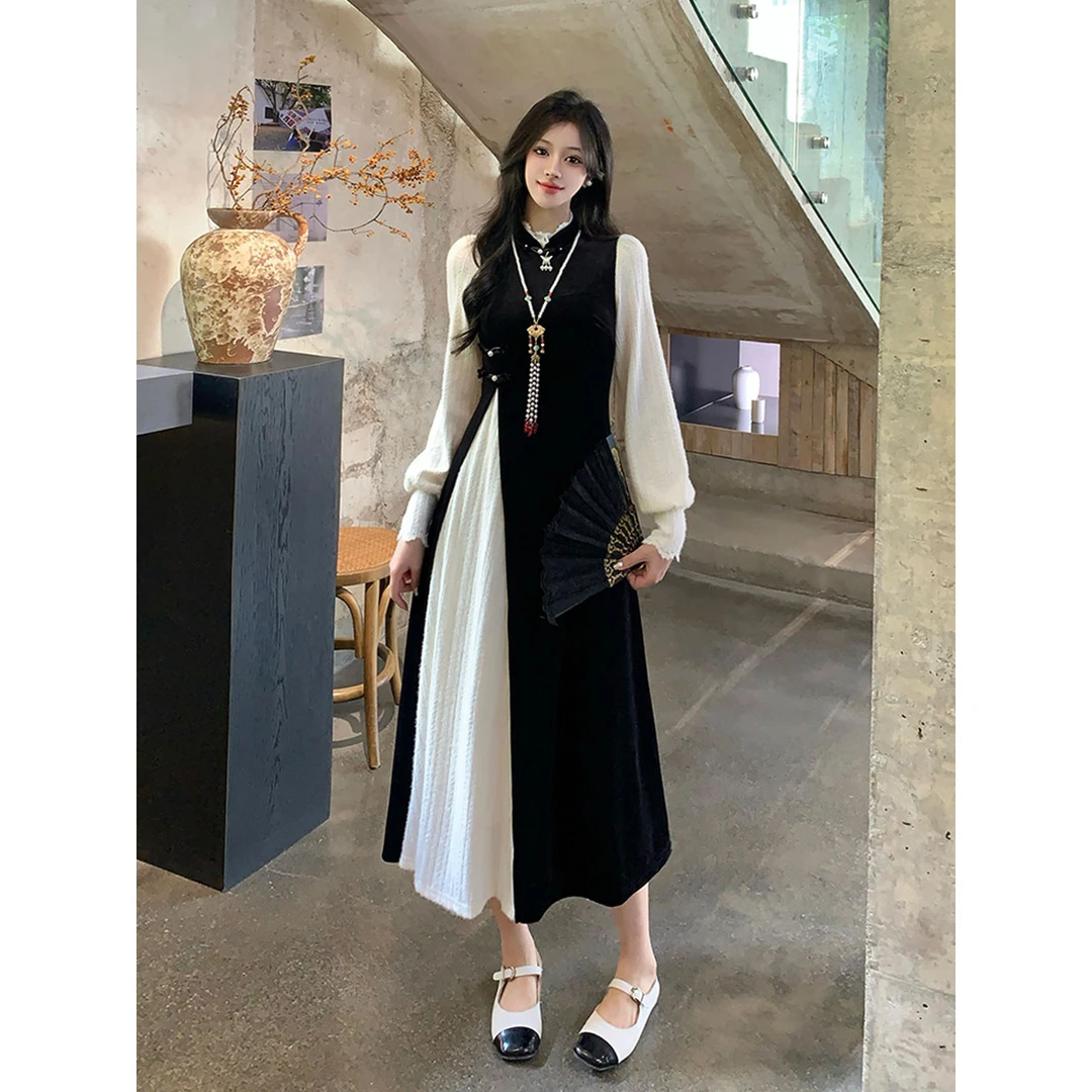 大码女装新中式假两件连衣裙四季通用半高领灯笼袖长袖2024秋冬新