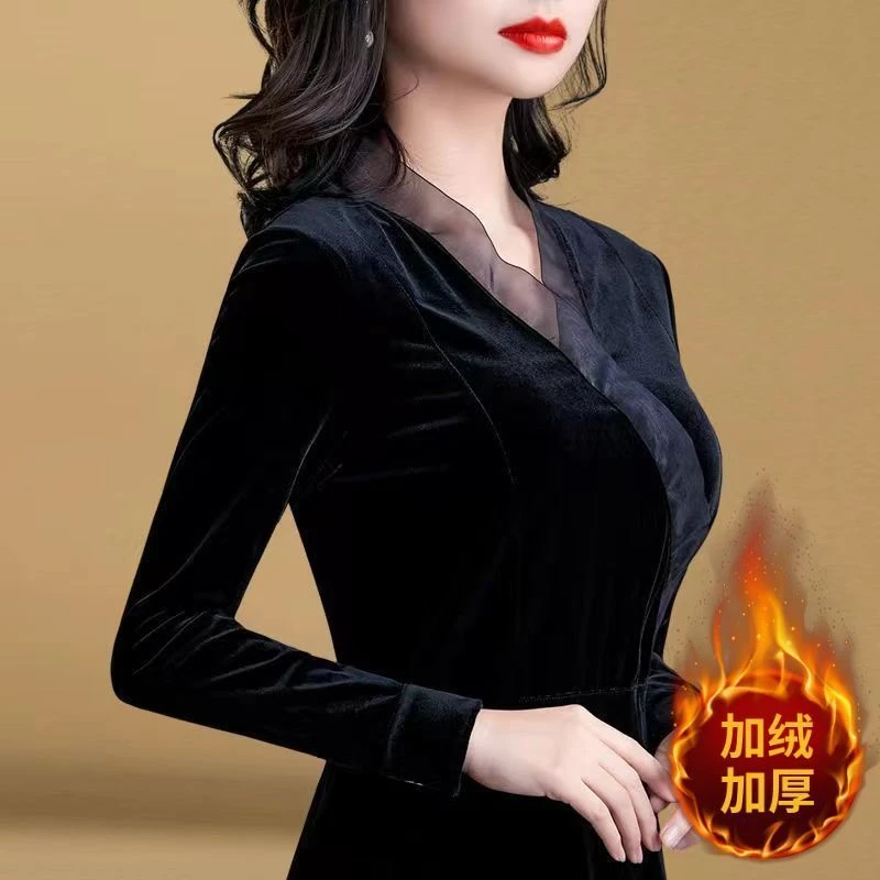 金丝绒上衣拼接圆领长袖修身保暖小衫