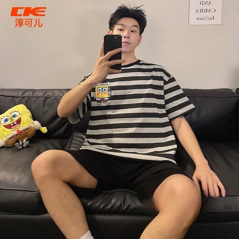 卡通棉质睡衣男士（91807）夏季圆领短袖短裤薄款休闲可外穿男生家居服套装一套