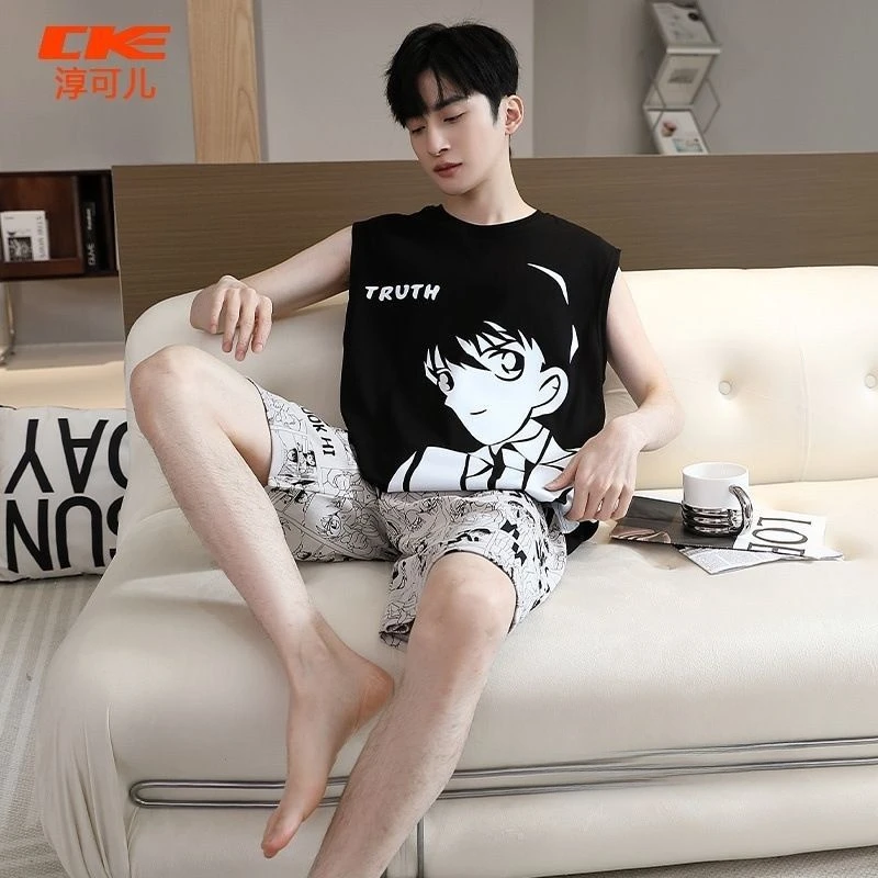 夏季新款简约男士睡衣（91980）无袖短裤套头卡通家居服套装两件套可外穿一套