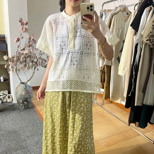 【Dobest】小家碧玉钩花镂空短袖针织T恤