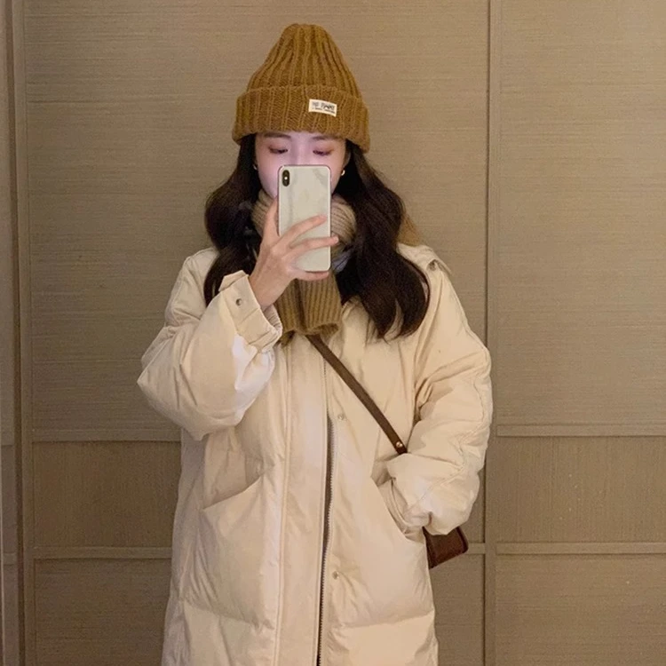 加厚新品女装冬季新款小个子高级感超好看白色中长款棉服甜美连帽