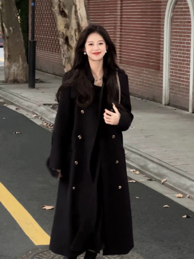 黑色呢子大衣女2024秋冬新款毛呢外套高级感韩系长款高个子赫本风