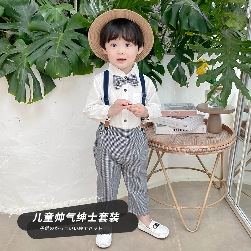 儿童西装套装男童衬衫背带裤套装春秋宝宝抓周英伦花童西服休闲潮