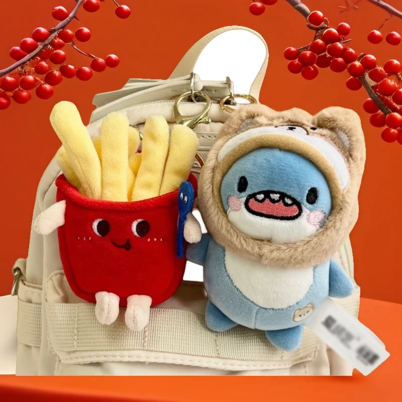 莎头莎莎同款鲨鱼薯条派钥匙扣挂件可爱毛绒公仔学生书包挂件礼物