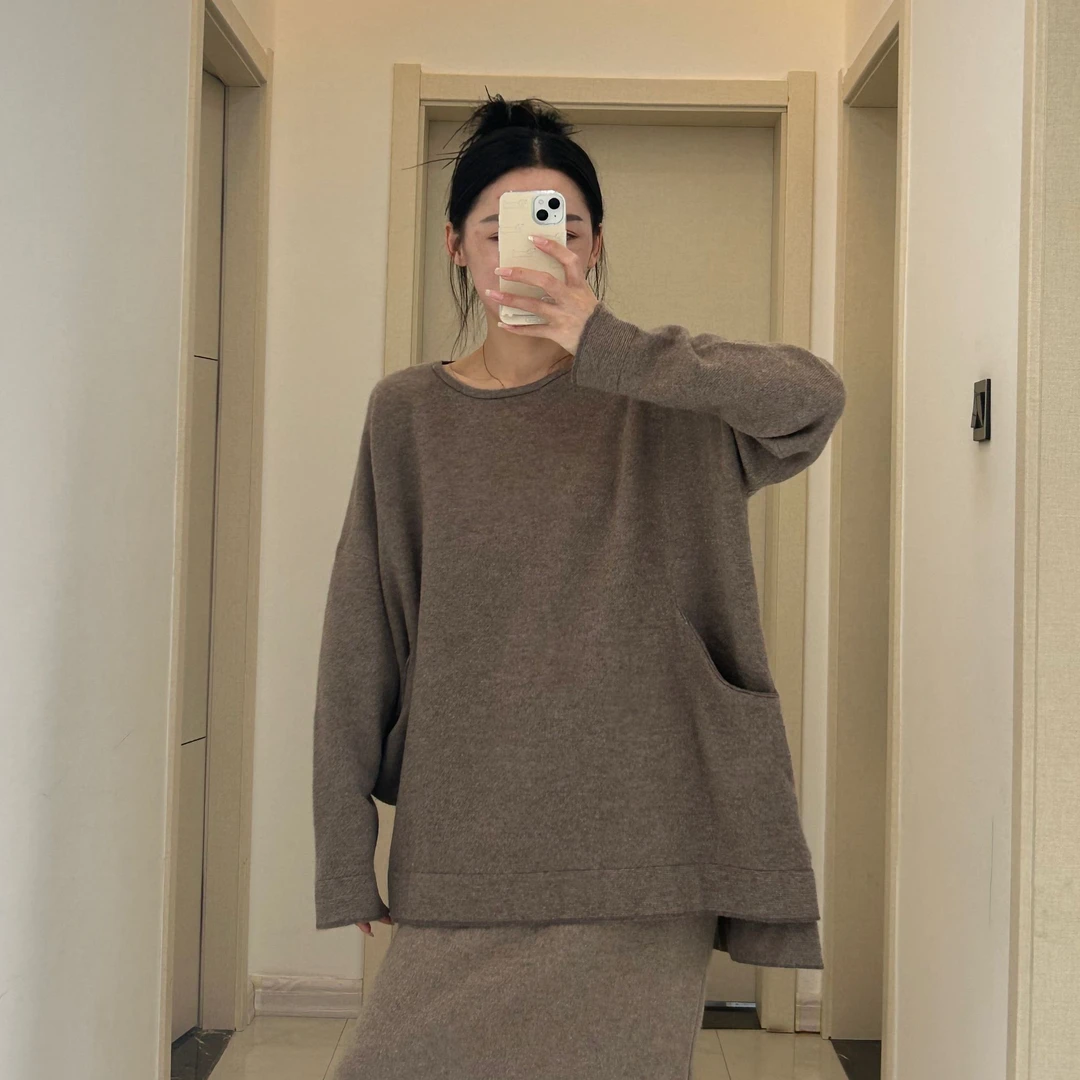 MAX,Rong.9慵懒风宽松山羊绒衫落肩圆领 C