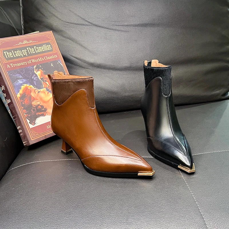 马毛+牛皮6厘米 2024年秋季新款气质百搭粗跟高跟短靴SGX041