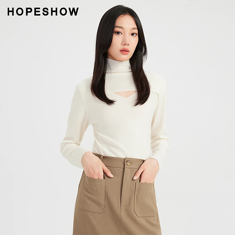 红袖冬季2023新款女装 纯色镂空高领套头一手长针织衫89323370113