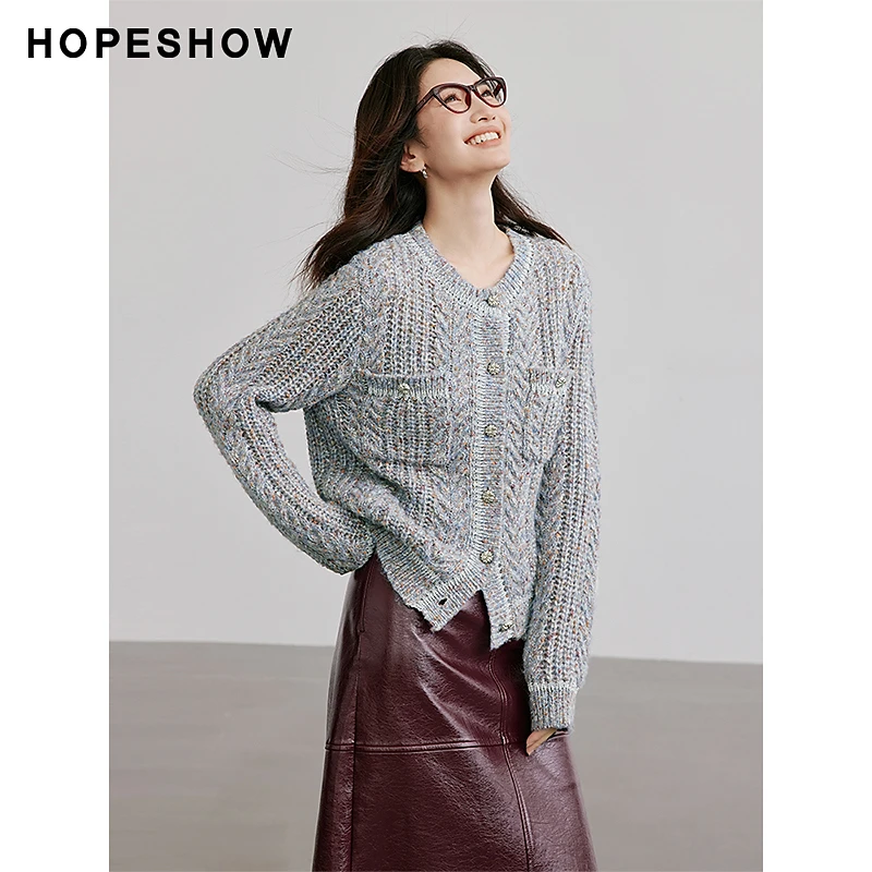 【HOPESHOW反季清仓】红袖亮丝正肩单排扣圆领针织开衫90124320121