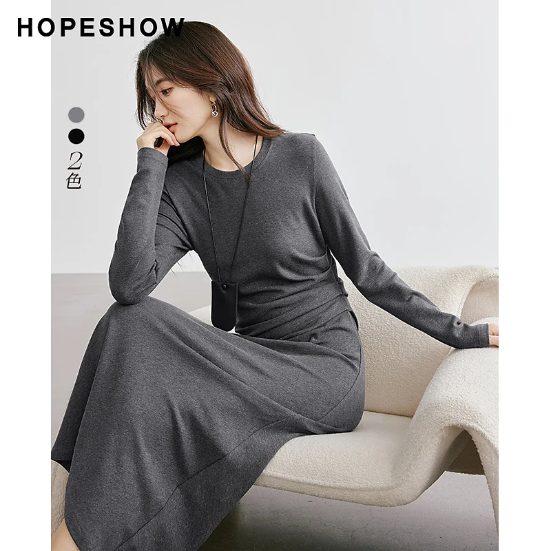 红袖秋季2024新款女装 立体压褶收腰圆领套头连衣裙90224301601