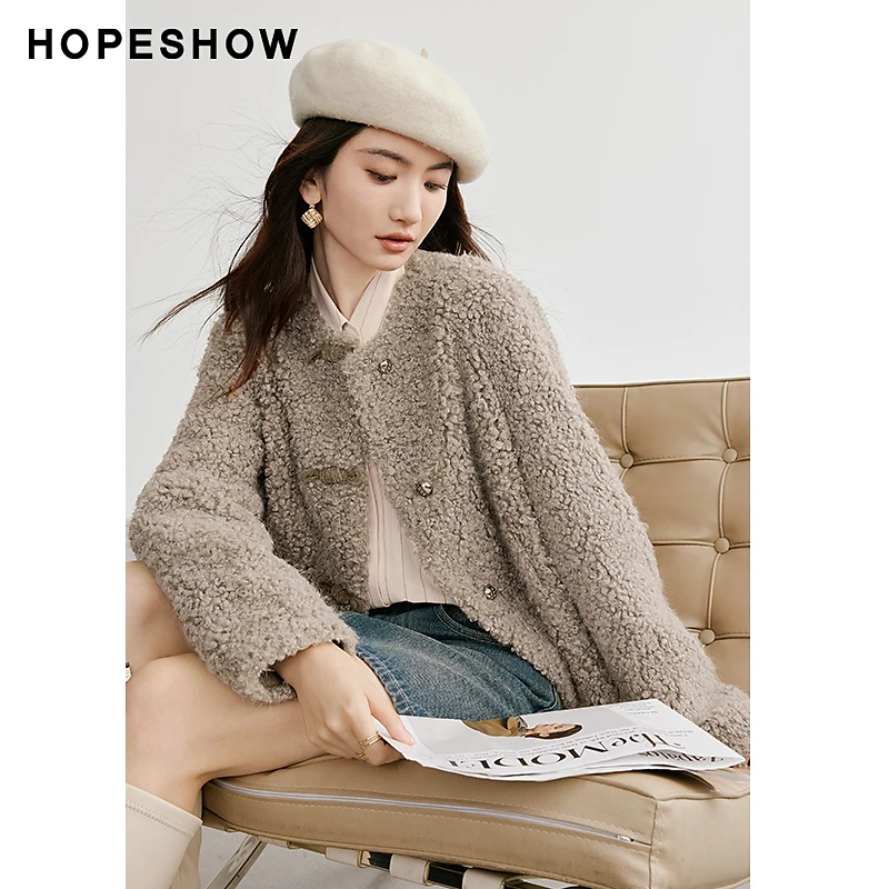 红袖冬季2024新款女装 箱型落肩单排扣圆领圈圈绒外套90124340405