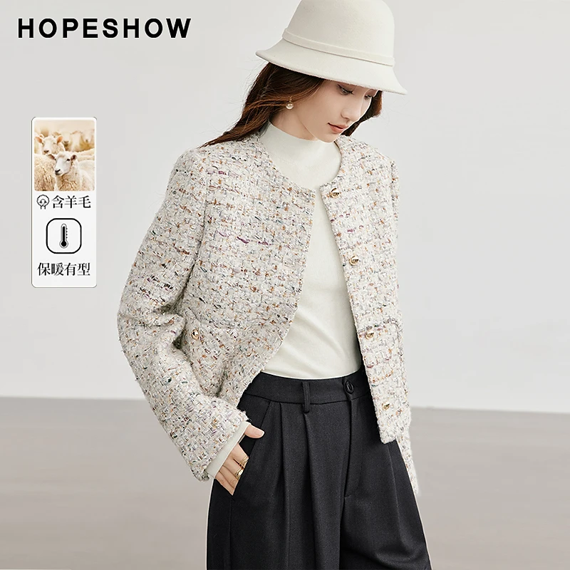 【HOPESHOW反季清仓】红袖香风彩纱单排扣圆领粗纺外套90124330407