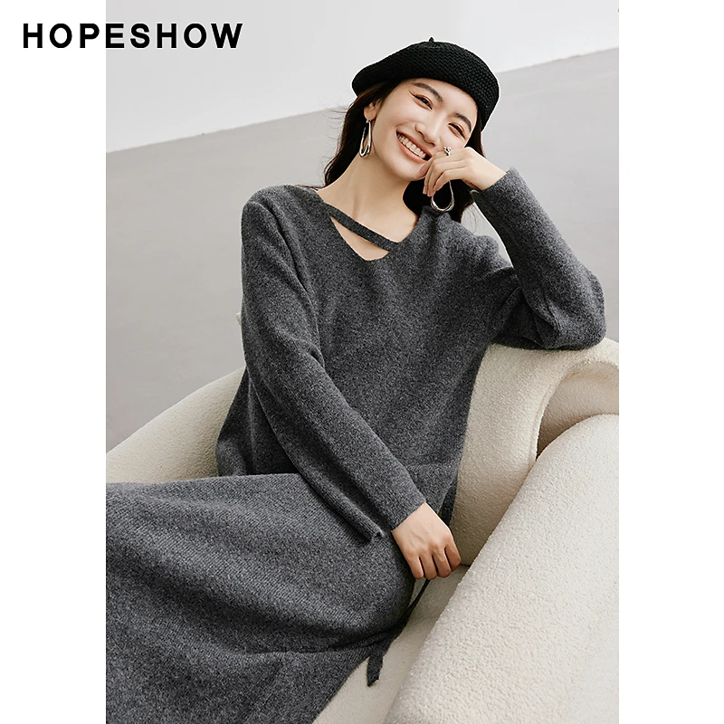 红袖冬季2024新款女装 系带收腰V领套头连衣裙90124371602