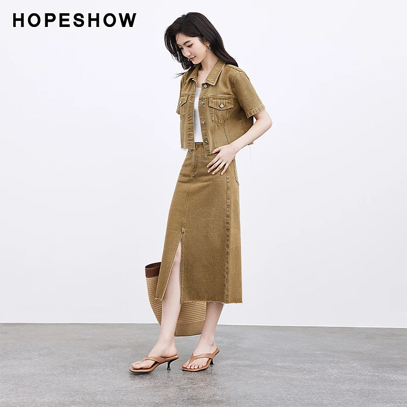 红袖夏季2024新款女装 开叉中高腰一粒扣牛仔半身裙90124131502