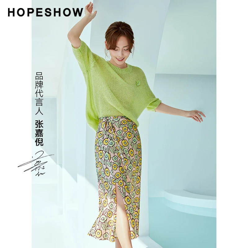 红袖春季2022新款女装 马海毛圆领套头针织衫89122050111休闲印花