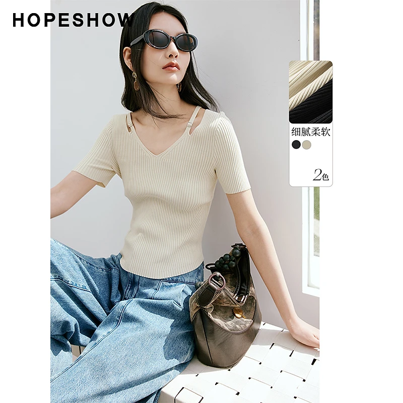 红袖夏季2024新款女装 肌理感露肩V领针织衫90124140102