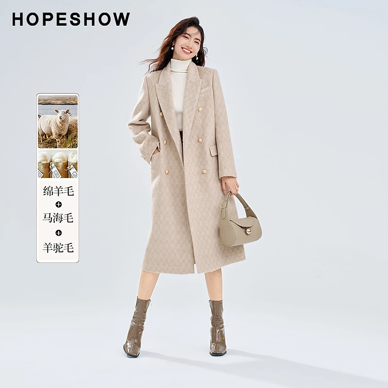 红袖冬季2024新款女装 正肩双排扣枪驳领单面呢外套90123350807