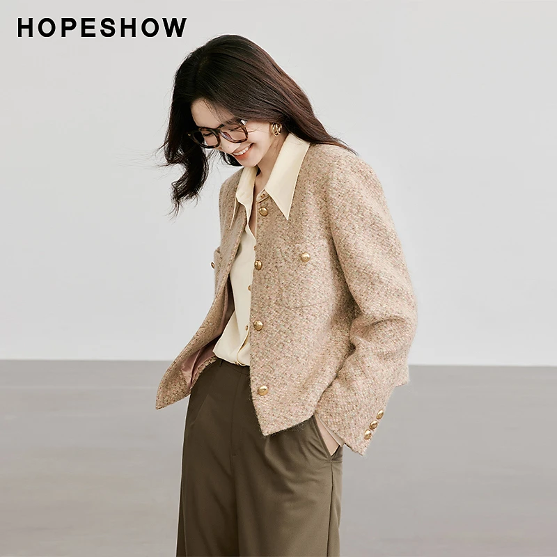 【HOPESHOW反季清仓】红袖肌理感正肩单排扣圆领外套90124340401