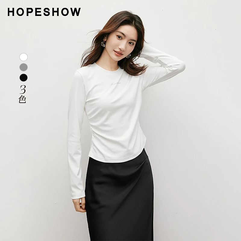 红袖秋季2024新款女装 水钻字母抽褶圆领套头上衣90224250202