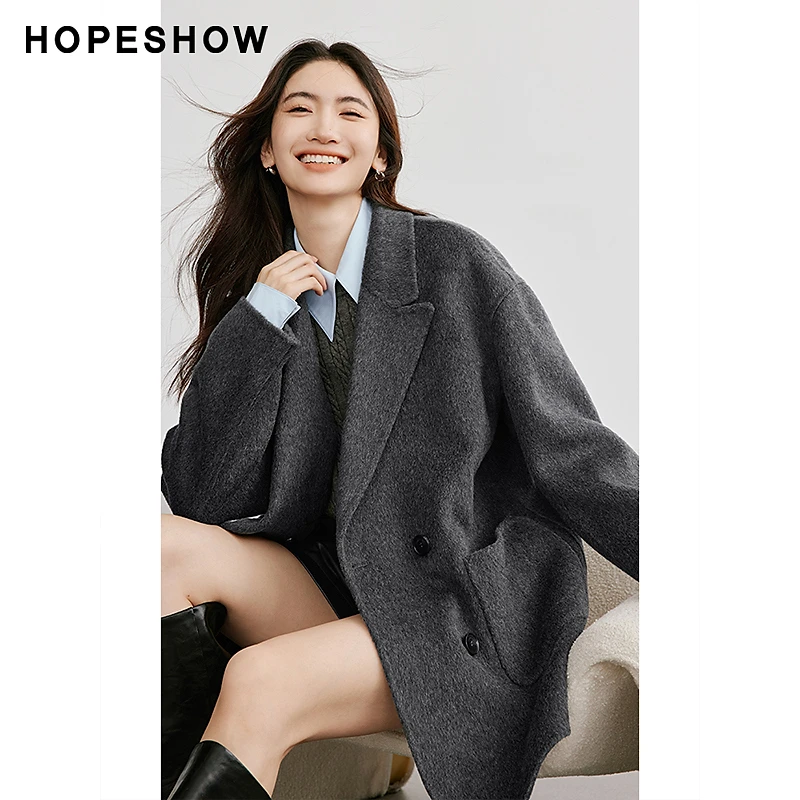 红袖冬季2025新款女装 落肩双排扣翻驳领长毛双面呢90124380804