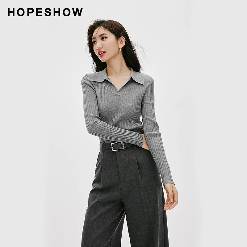 红袖秋季2024新款女装 坑条正肩开叉polo领套头针织衫90124010106