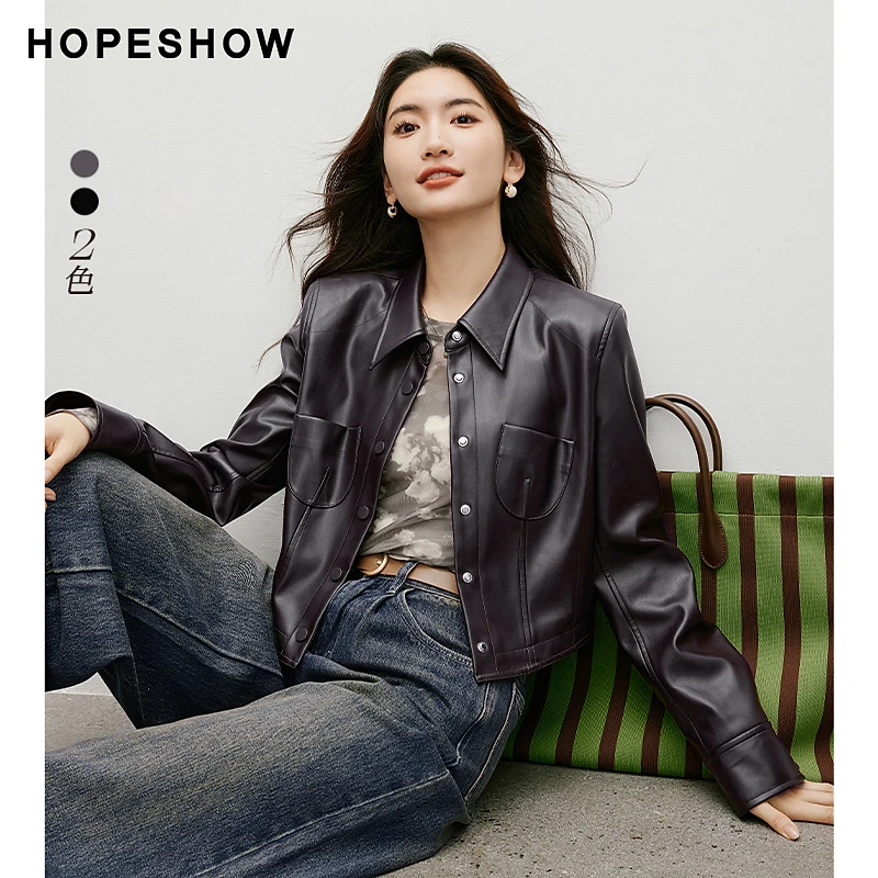 红袖春季2025新款女装 正肩单排扣小翻领皮衣外套90124290405