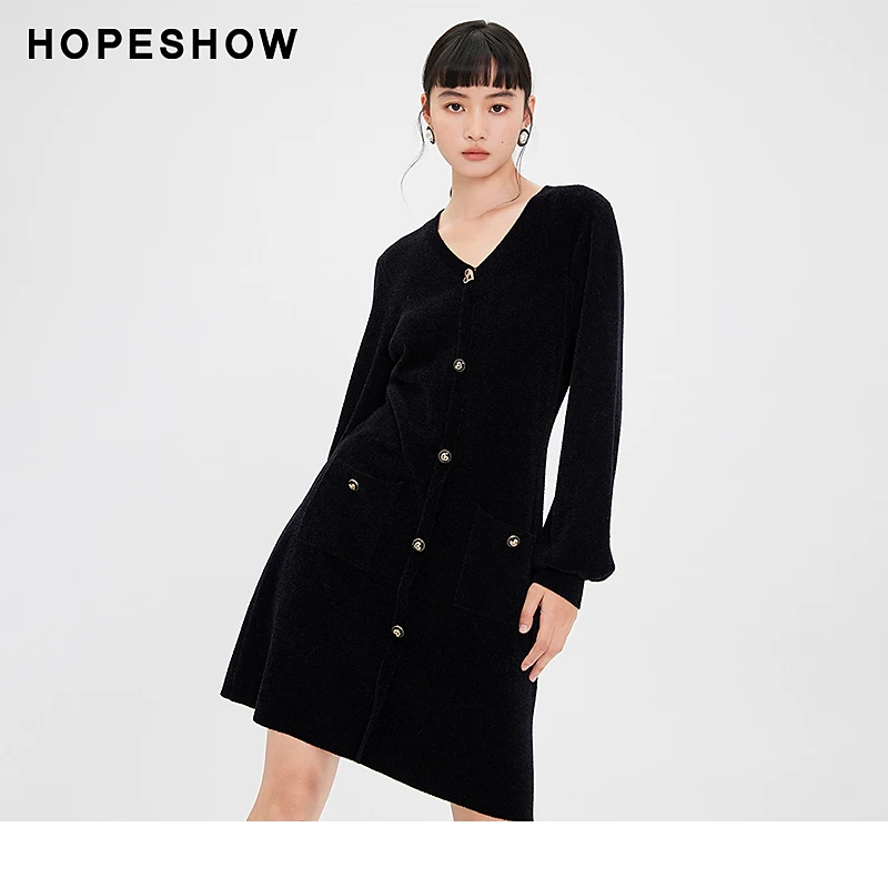 红袖冬季2023新款女装 香风灯笼袖V领套头针织连衣裙89123391602