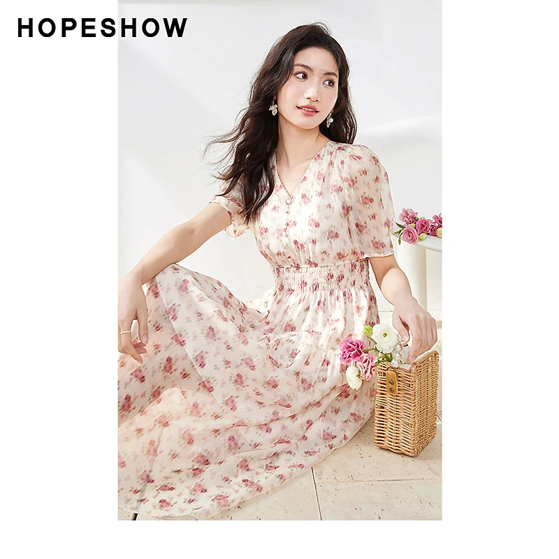 红袖夏季2023新款女装 印花收腰泡泡袖V领套头连衣裙90123121604