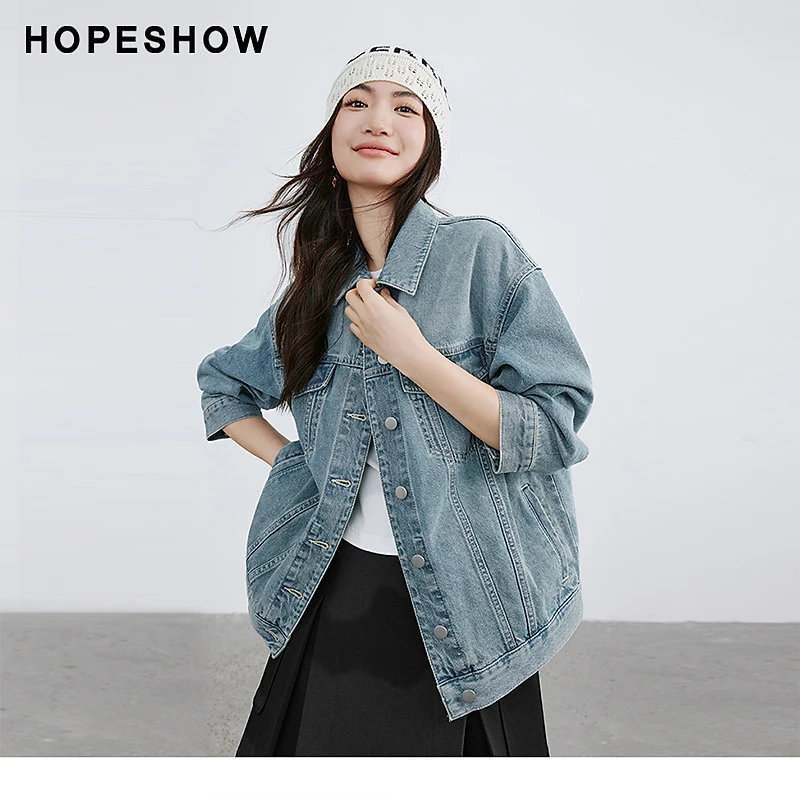 【HOPESHOW反季清仓】红袖落肩单排扣小翻领牛仔外套90124060404