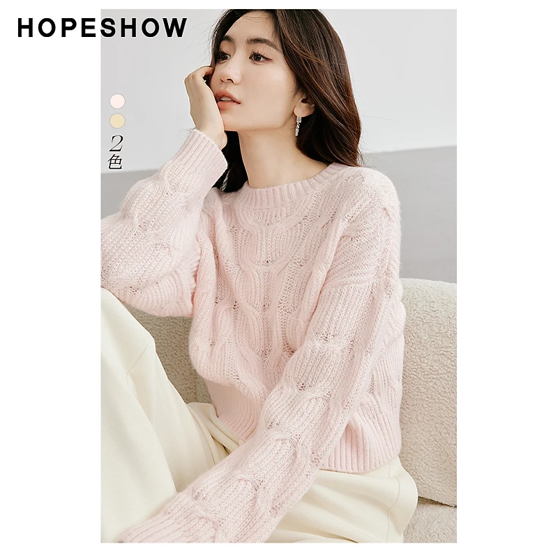 红袖冬季2024新款女装 复古绞花落肩圆领套头针织衫90124330103