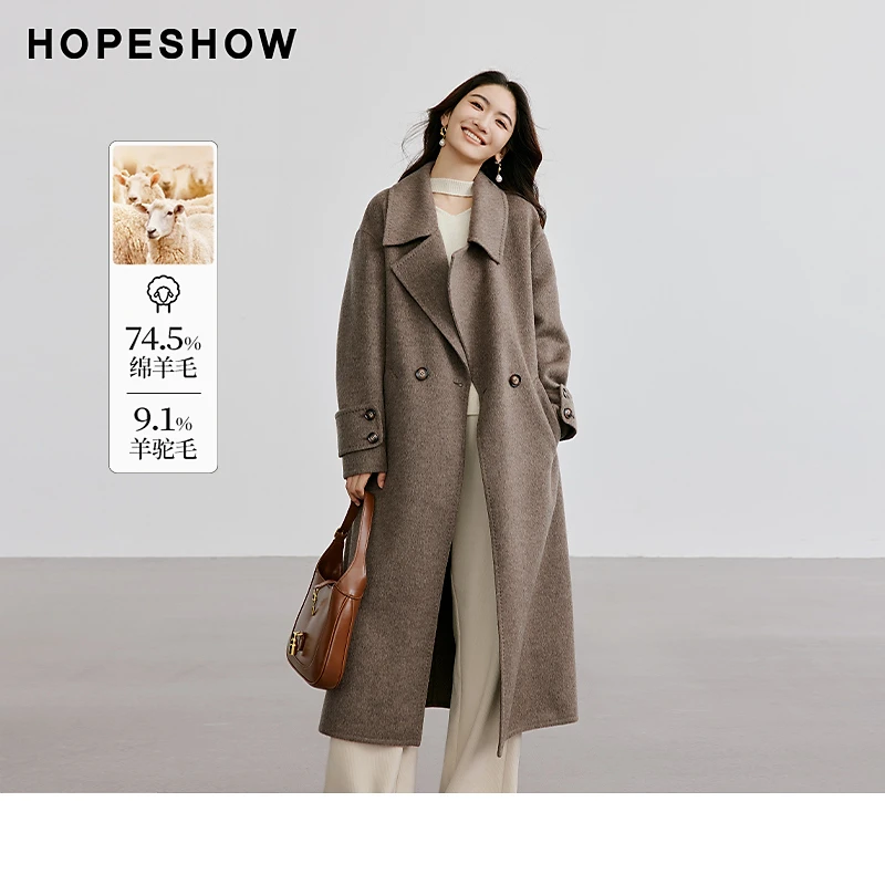 【HOPESHOW反季清仓】红袖系带落肩双排扣大翻领双面呢90124340824