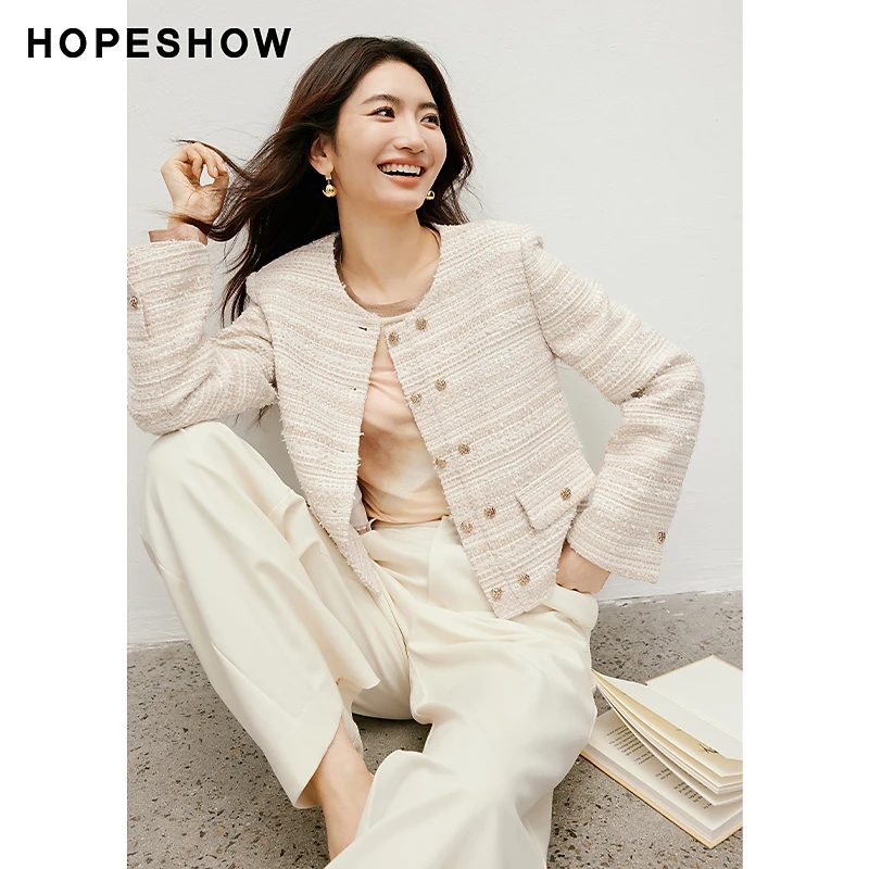 红袖春季2025新款女装 香风直身双排扣正肩圆领外套90124300404