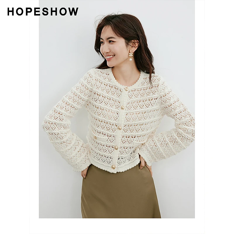 红袖春季2024新款女装 复古钩花单排扣圆领针织开衫90124020102