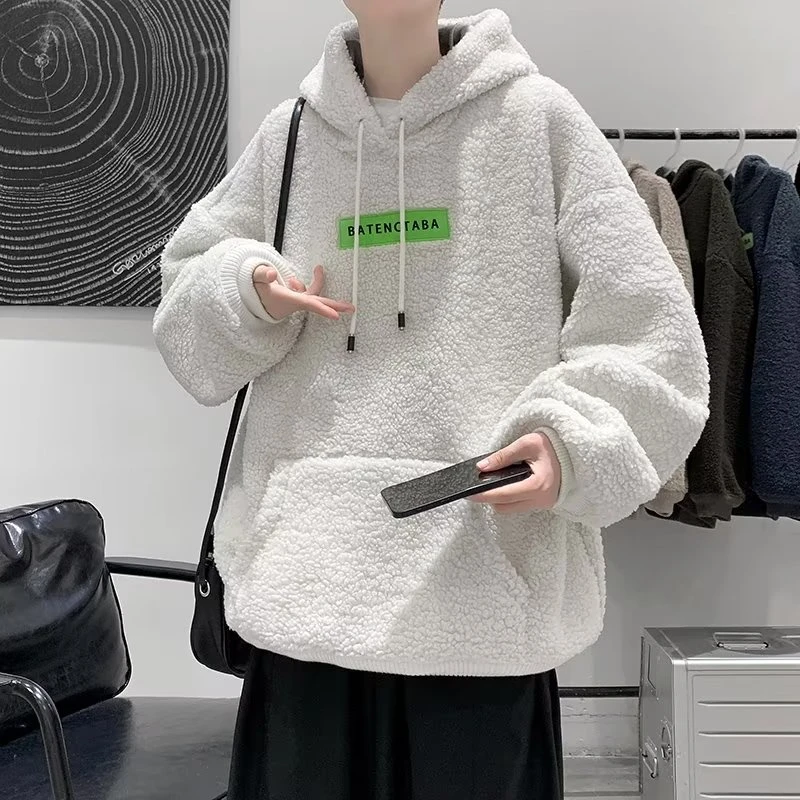 羊羔绒卫衣外套男秋冬季新款加绒加厚羊羔毛连帽港风宽松学生上衣