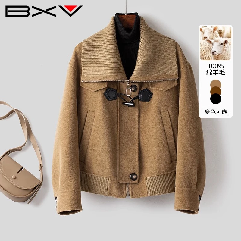 BXV牛角扣双面羊毛大衣女短款2025秋冬大翻领双面呢短外套小个子