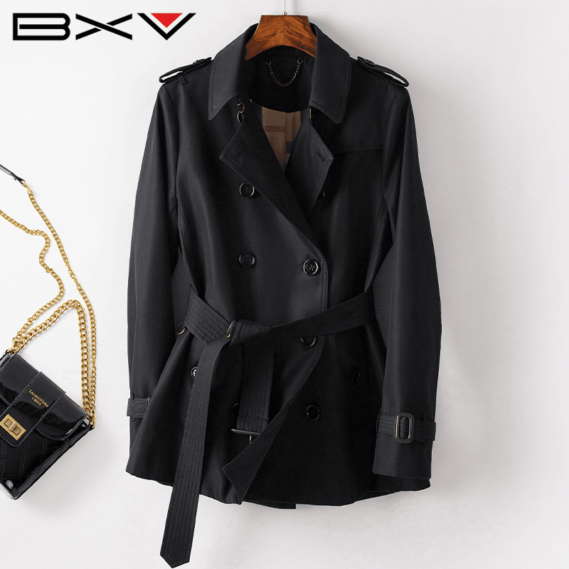 BXV系带黑色短外套女短款2023春秋新款小个子英伦风风衣大衣精品