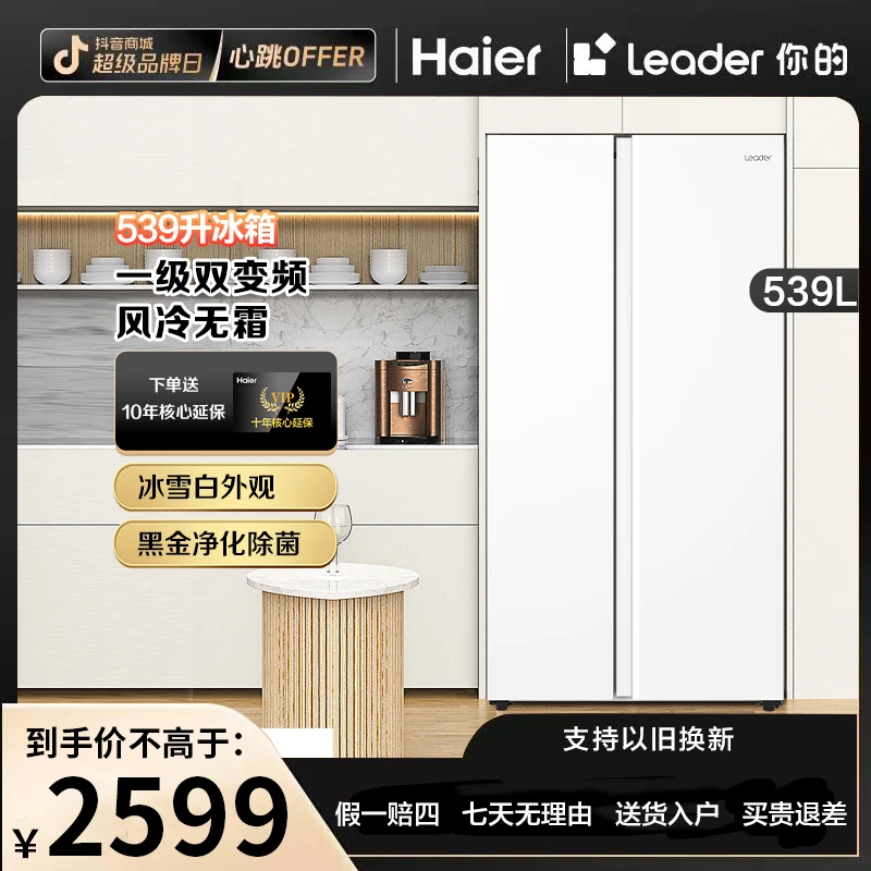 【618抢先购】海尔智家Leader539升对开门一级双变频风冷家用电冰箱