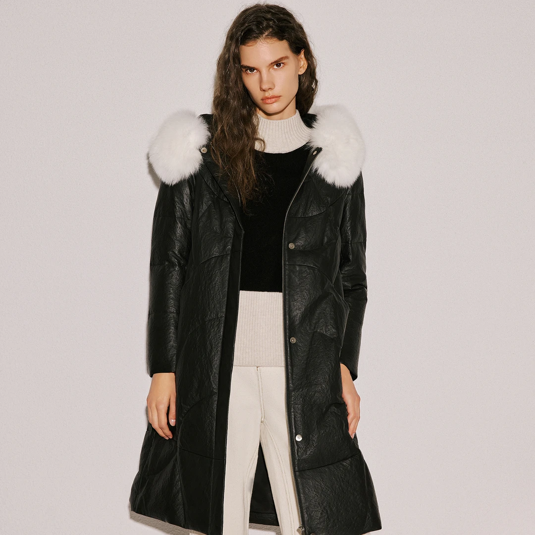 COVERINS冬季绗缝立体直身中长款连帽大毛领羽绒服CC33509130