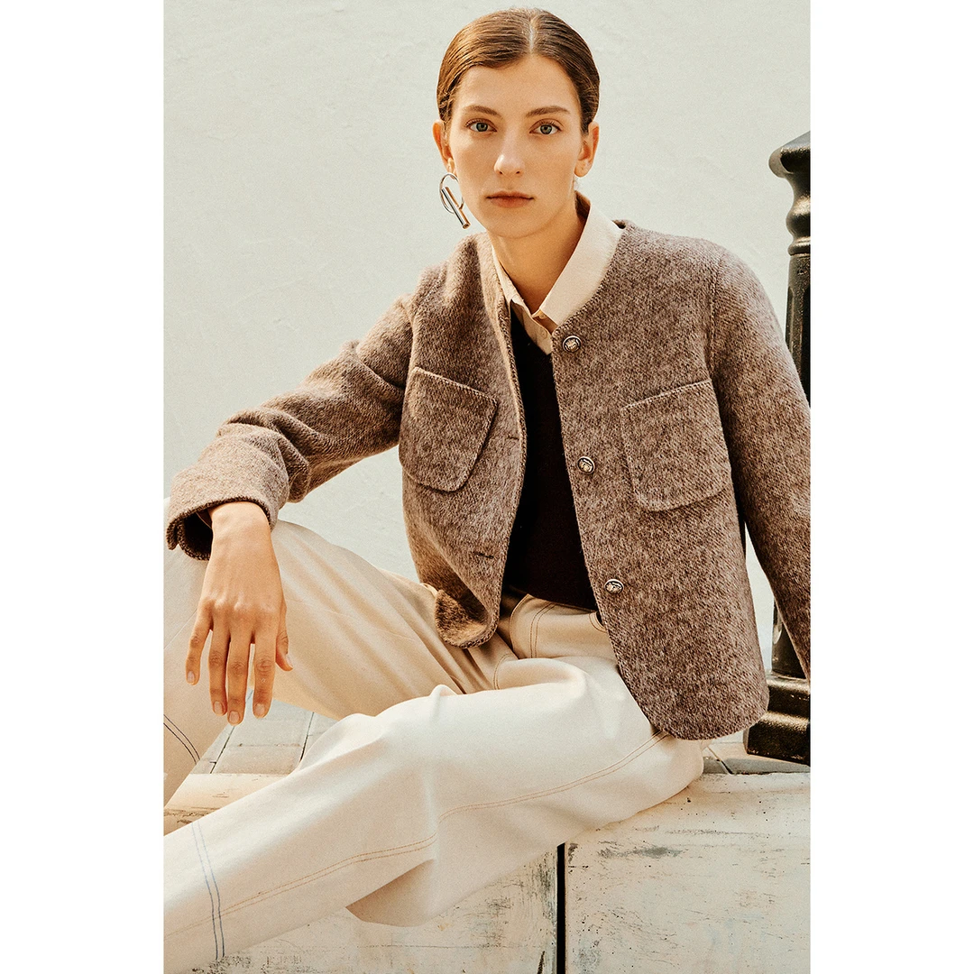 INSUN恩裳秋冬琥珀流光风时尚百搭粗花呢双面呢外套9C63110080