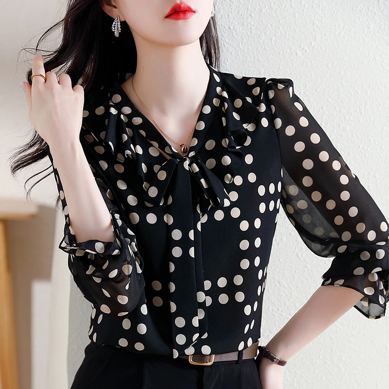 【清祖】雪纺衫2023款网红款波点衬衫女长袖新款飘带减龄洋气小衫