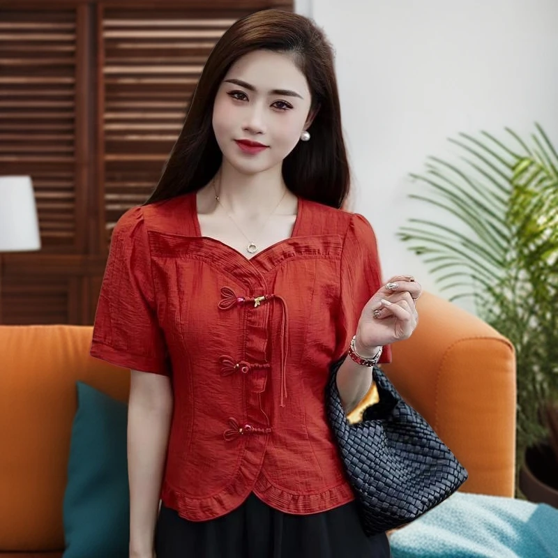 夏季显瘦洋气小众设计感衬衫中式时尚短款雪纺衫气质收腰短袖小衫