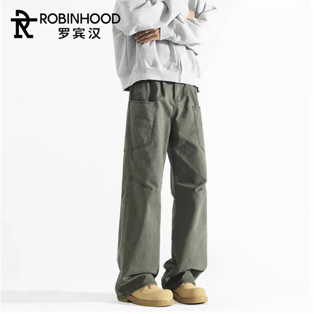 罗宾汉宽松直筒美式弯刀裤子男潮流多口袋阔腿工装男士休闲裤冬季