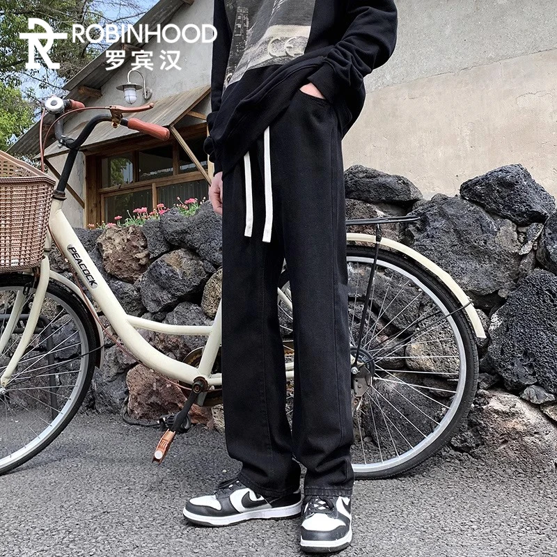 罗宾汉松紧腰黑色痞帅牛仔裤男士秋季潮流宽松直筒阔腿裤2024新款