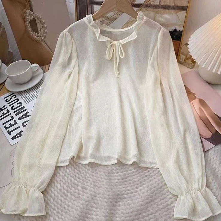 2023早春秋新款木耳边系带雪纺衬衫女宽松叠穿慵懒风长袖上衣外穿
